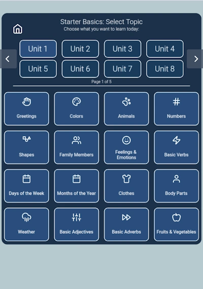 ChitrChat unit and topic selection screen